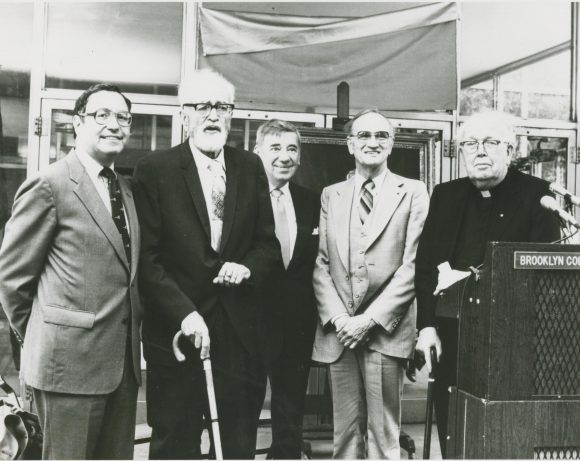 BC Presidents past and present at the dedication ceremony for the Harry D. Gideonse Library. L to R: Robert Hess, Harry Gideonse, George Peck, John Kneller, and Francis Kilcoyne.